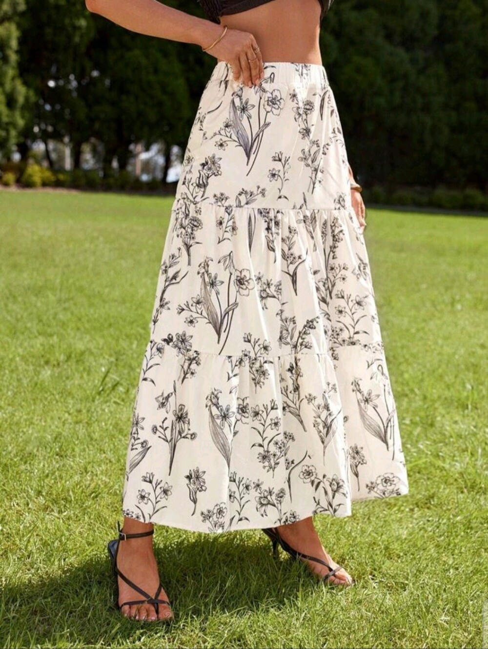 Women’s Floral Tiered Cream & Black Maxi Skirt - Picture 2 of 6